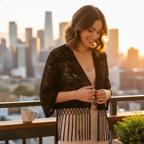 Miss Me - Velvet Fringe Kimono - Amazing quality, unique find! Size Small - Picture 10 of 13